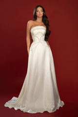 Charming Strapless Sleeveless A-Line Prom Dresses Pearls Long On Sale-Ballbella