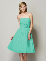 Charming Strapless Sleeveless Hand-Made Flower Short Chiffon Bridesmaid Dresses-Ballbella