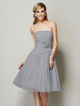 Charming Strapless Sleeveless Hand-Made Flower Short Chiffon Bridesmaid Dresses-Ballbella