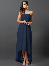 Charming Strapless Sleeveless High Low Chiffon Bridesmaid Dresses-Ballbella