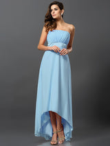 Charming Strapless Sleeveless High Low Chiffon Bridesmaid Dresses-Ballbella