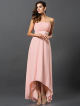 Charming Strapless Sleeveless High Low Chiffon Bridesmaid Dresses-Ballbella