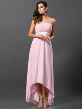 Charming Strapless Sleeveless High Low Chiffon Bridesmaid Dresses-Ballbella