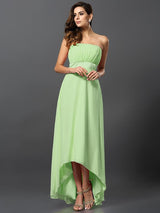 Charming Strapless Sleeveless High Low Chiffon Bridesmaid Dresses-Ballbella