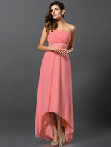 Charming Strapless Sleeveless High Low Chiffon Bridesmaid Dresses-Ballbella