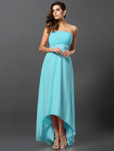 Charming Strapless Sleeveless High Low Chiffon Bridesmaid Dresses-Ballbella