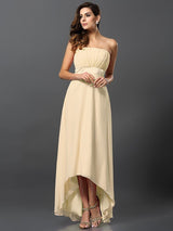 Charming Strapless Sleeveless High Low Chiffon Bridesmaid Dresses-Ballbella