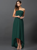 Charming Strapless Sleeveless High Low Chiffon Bridesmaid Dresses-Ballbella