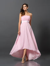 Charming Strapless Sleeveless High Low Chiffon Bridesmaid Dresses-Ballbella