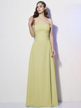 Charming Strapless Sleeveless Pleats Long Chiffon Bridesmaid Dresses-Ballbella