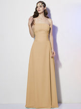 Charming Strapless Sleeveless Pleats Long Chiffon Bridesmaid Dresses-Ballbella