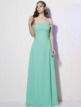 Charming Strapless Sleeveless Pleats Long Chiffon Bridesmaid Dresses-Ballbella