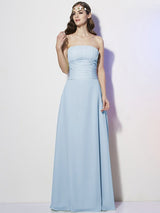 Charming Strapless Sleeveless Pleats Long Chiffon Bridesmaid Dresses-Ballbella
