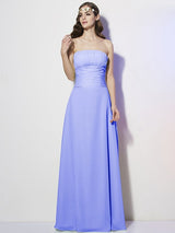 Charming Strapless Sleeveless Pleats Long Chiffon Bridesmaid Dresses-Ballbella