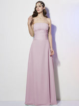 Charming Strapless Sleeveless Pleats Long Chiffon Bridesmaid Dresses-Ballbella
