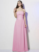 Charming Strapless Sleeveless Pleats Long Chiffon Bridesmaid Dresses-Ballbella