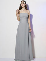 Charming Strapless Sleeveless Pleats Long Chiffon Bridesmaid Dresses-Ballbella