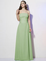 Charming Strapless Sleeveless Pleats Long Chiffon Bridesmaid Dresses-Ballbella