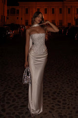 Charming Strapless Sleeveless Satin Prom Dresses Gem Mermaid With Lace-Up Back-Ballbella