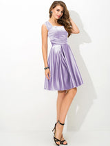 Charming Straps Pleats Sleeveless Short Satin Bridesmaid Dresses-Ballbella
