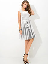 Charming Straps Pleats Sleeveless Short Satin Bridesmaid Dresses-Ballbella