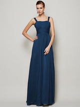 Charming Straps Sleeveless Pleats Long Chiffon Bridesmaid Dresses-Ballbella