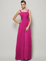 Charming Straps Sleeveless Pleats Long Chiffon Bridesmaid Dresses-Ballbella
