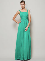 Charming Straps Sleeveless Pleats Long Chiffon Bridesmaid Dresses-Ballbella