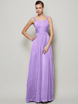 Charming Straps Sleeveless Pleats Long Chiffon Bridesmaid Dresses-Ballbella