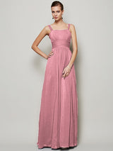Charming Straps Sleeveless Pleats Long Chiffon Bridesmaid Dresses-Ballbella