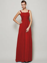 Charming Straps Sleeveless Pleats Long Chiffon Bridesmaid Dresses-Ballbella