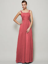 Charming Straps Sleeveless Pleats Long Chiffon Bridesmaid Dresses-Ballbella