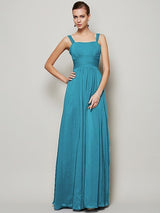 Charming Straps Sleeveless Pleats Long Chiffon Bridesmaid Dresses-Ballbella