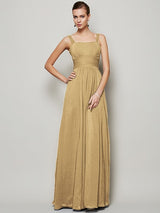 Charming Straps Sleeveless Pleats Long Chiffon Bridesmaid Dresses-Ballbella