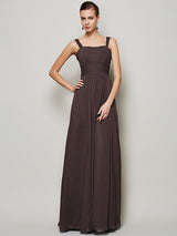 Charming Straps Sleeveless Pleats Long Chiffon Bridesmaid Dresses-Ballbella