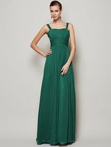 Charming Straps Sleeveless Pleats Long Chiffon Bridesmaid Dresses-Ballbella