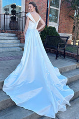 Charming V-Neck A-line Satin Wedding Dresses Sleeveless Long With Buttons Pleats-Ballbella