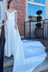 Charming V-Neck A-line Satin Wedding Dresses Sleeveless Long With Buttons Pleats-Ballbella