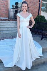 Charming V-Neck A-line Satin Wedding Dresses Sleeveless Long With Buttons Pleats-Ballbella