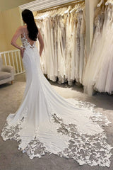 Charming V-Neck Satin Spaghetti-Straps Wedding Dresses Sleeveless Mermaid Open Back With Appliques Lace-Ballbella