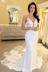 Charming V-Neck Satin Spaghetti-Straps Wedding Dresses Sleeveless Mermaid Open Back With Appliques Lace-Ballbella