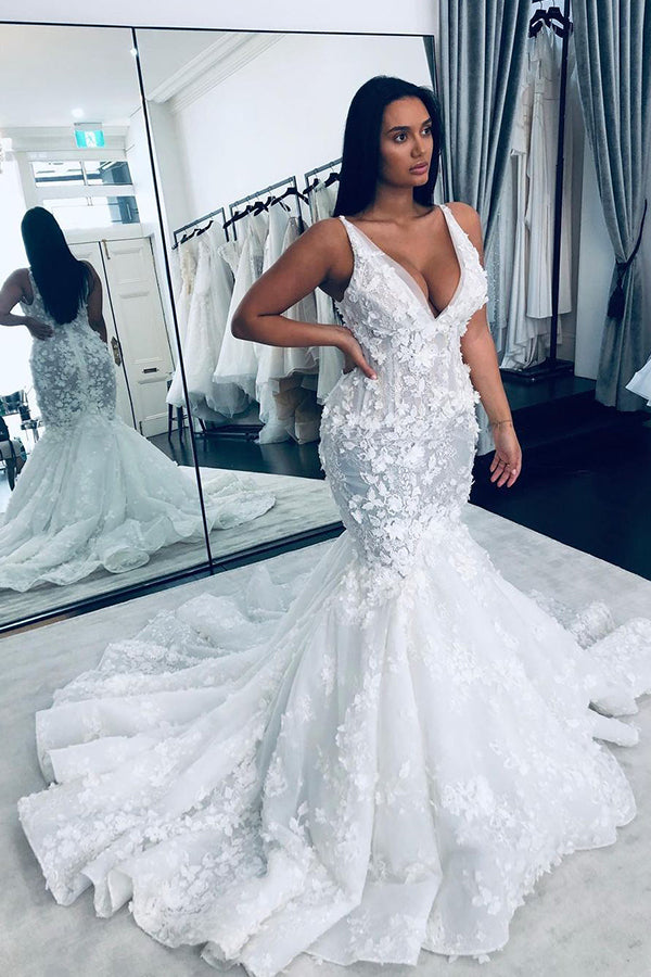 Charming V Neck Sleeveless Mermaid Wedding Gown Floral Lace Bridal Gown Charming V Neck Sleeveless Mermaid Wedding Gown Floral Lace Bridal Gown