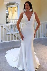 Charming V-Neck Straps Satin Mermaid Wedding Dresses Sleeveless Sheath Open Back With Buttons-Ballbella