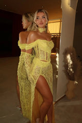 Charming Yellow One Shoulder Lace Mermaid Prom Dress Column High Split With Gloves-Ballbella