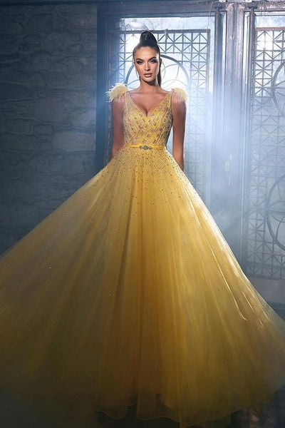 Charming Yellow Sequins Sleeveless Long A-line Prom Dress With Beads Charming Yellow Sequins Sleeveless Long A-line Prom Dress With Beads