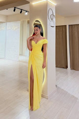 Charming Yellow V-Neck One Shoulder A-Line Prom Dress High Split With Pleats-Ballbella