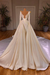 Chic A-Line Cathedral V-Neck Long Wedding Dress With Long Sleeves-Ballbella