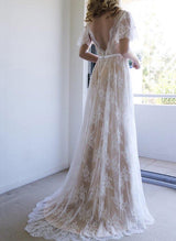 Chic A-line Lace V-Neck Sweep Train Wedding Dress Lace-Ballbella