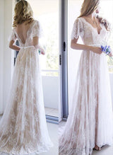 Chic A-line Lace V-Neck Sweep Train Wedding Dress Lace-Ballbella