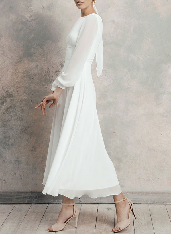 Chic A-Line Scoop Neck Long Sleeves Chiffon Ankle-Length Wedding Dress Ruffle